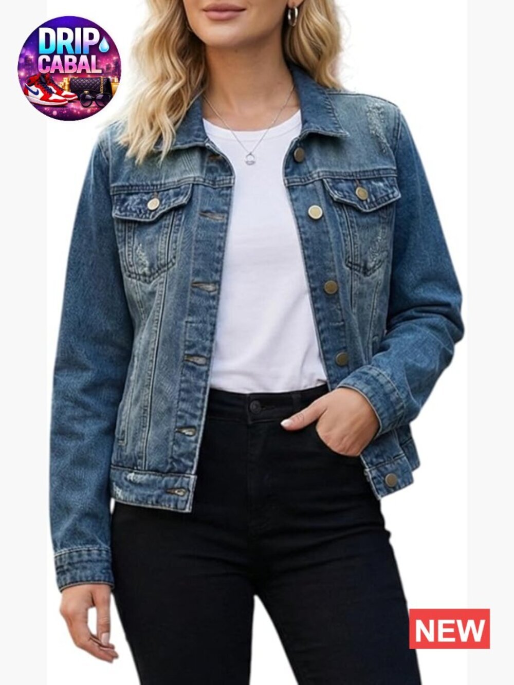 Vintage Washed Denim Jacket with Pockets Long Sleeve Casual Trucker Jacket